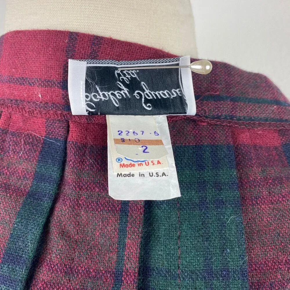 Vintage Copley Square Wool Pleated Wrap Skirt Fringe Side10 Red Green Plaid
